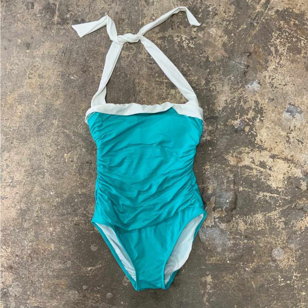 Vintage Lauren Ralph Lauren Halter Blue White One Piece Swim Suit Size 8 - OBO